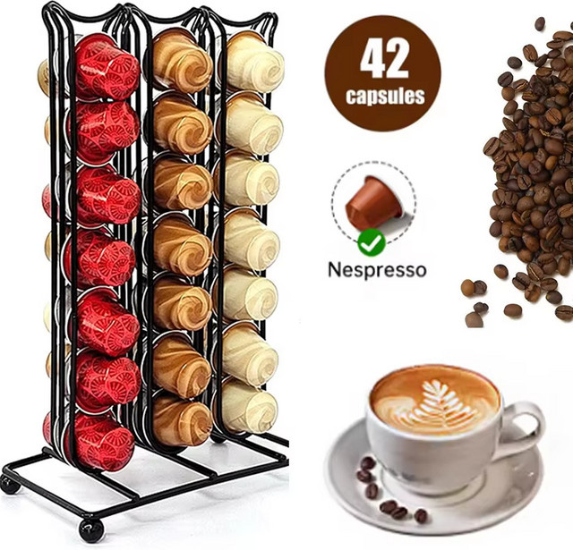 Kompakter Kaffeepadhalter für 42 Nespresso Kapseln aus Metall in Schwarz mit Regal zur Aufbewahrung auf der Küchenarbeitsplatte - Bild 1