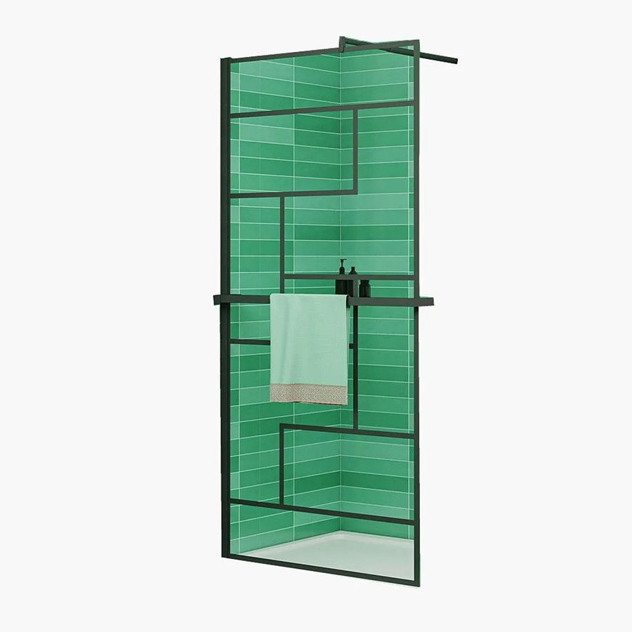 Duschparadies Walk-in Duschwand mit Gitter-Glasdekor und Duschregal, B/H: 80 x 200 cm, 8mm NANO-Glas, Schwarz/Transparent - Bild 2
