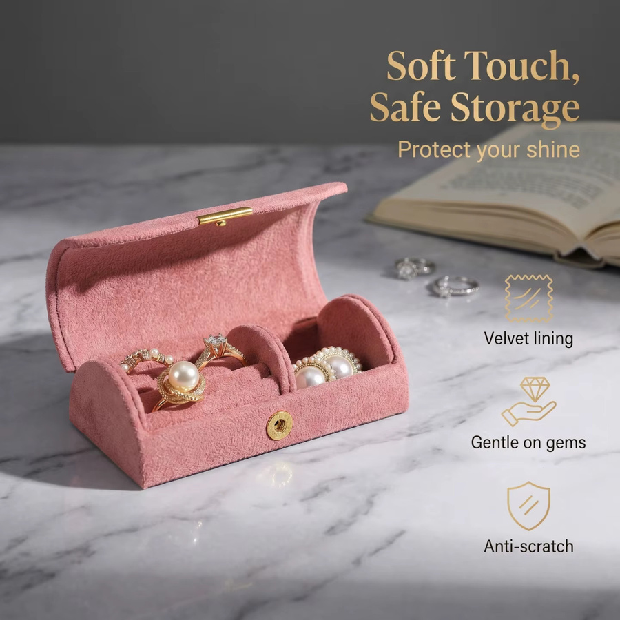 Elegante tragbare Mini-Schmuckbox aus Samt in Braun für Ringe und Ohrringe - Bild 3