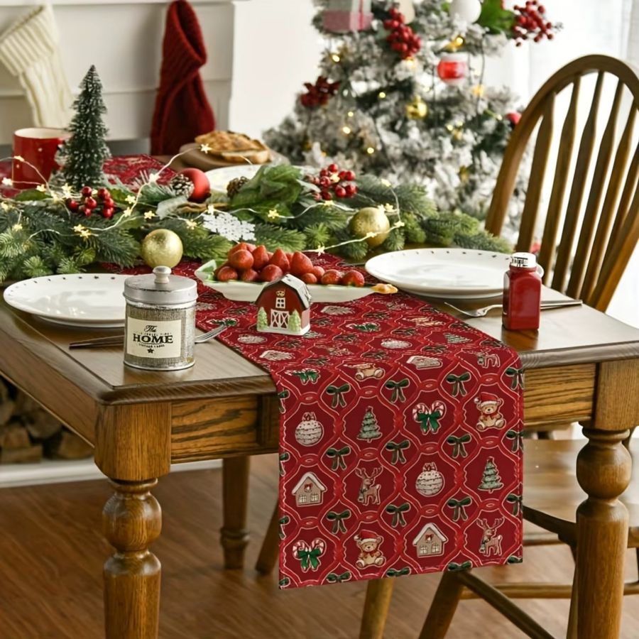 Dokriy Weihnachtstischläufer in Rot und Grün mit Bären, Hirschen, Stechpalmen und Zuckerstangenmustern - Bild 4