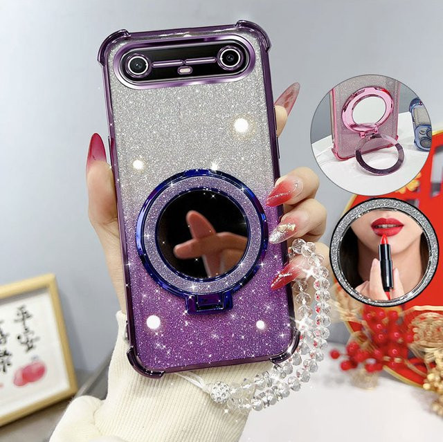 Glitzernde und stoßfeste Handyhülle mit Spiegelständer und Perlengurt für Infinix Tecno Spark Slim in Schwarz - Bild 1