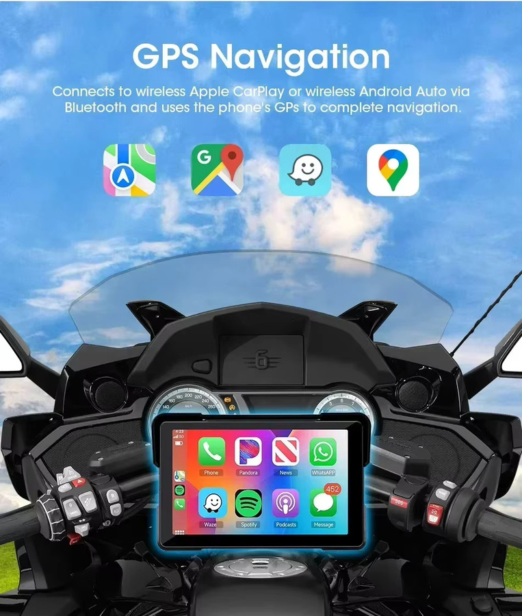 Jansite 7 Zoll Motorrad GPS Navigation mit kabellosem CarPlay und Android Unterstützung, IPX7 wasserdichtes LCD-Display und Dual-Objektiv in Schwarz - Bild 4