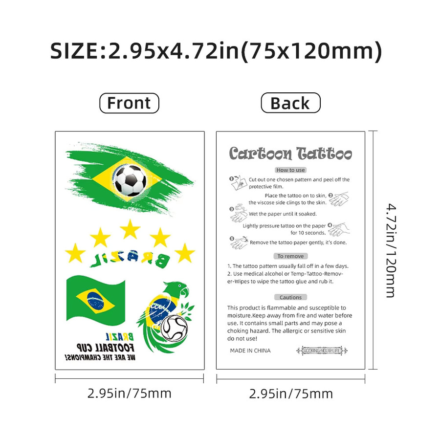 ROCOOART Temporäre Tattoos Brasilien-Flagge, 6 Blatt, Unisex - Bild 6