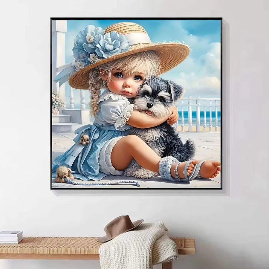 HUACAN Diamant-Malerei Set mit romantischem Hund und Mädchen sowie blauen Blumen, 5D-Diamant-Stickset mit 3D-Vollbohrern als Mosaik-Kunst, Farbe: Blau - Bild 4