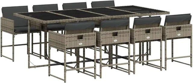 vidaXL 9-teilige Garten-Essgruppe aus Poly-Rattan in Grau mit Kissen und Hartglas-Tischplatte - Bild 1