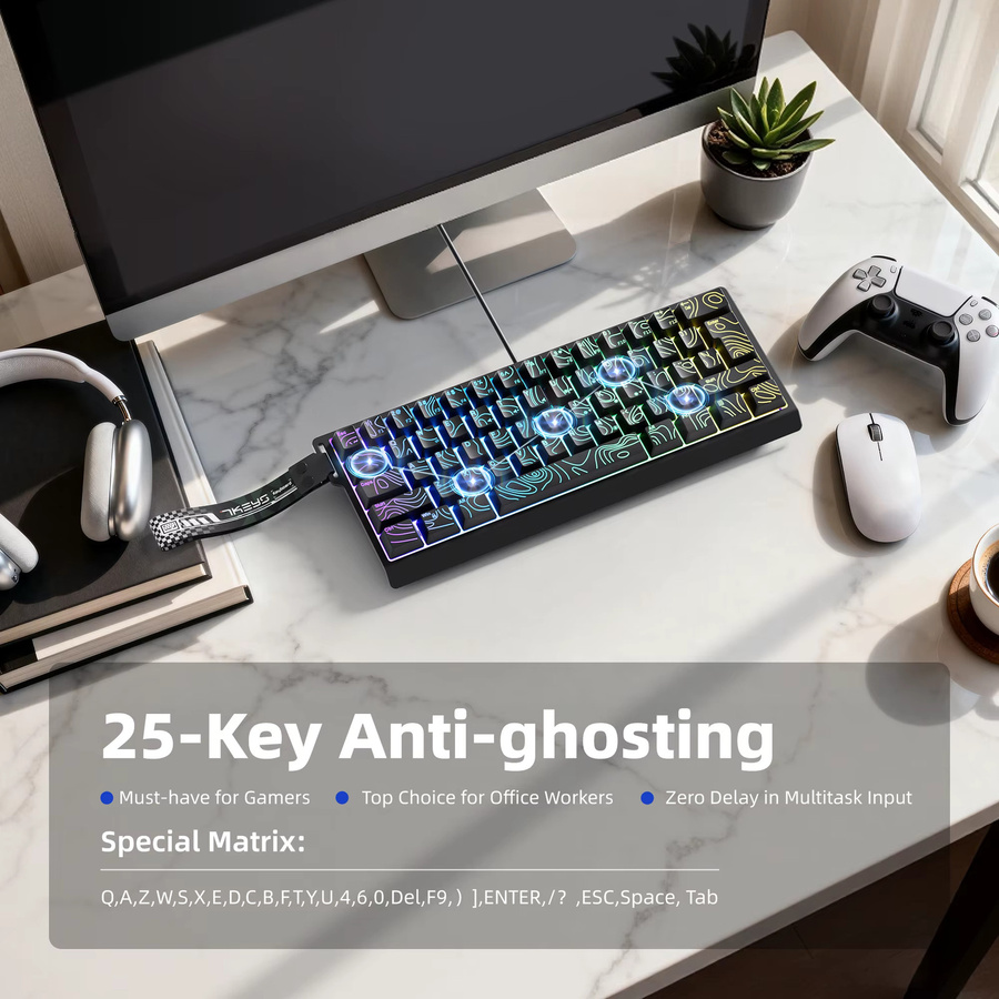 7KEYS Kompakte kabelgebundene RGB Tastatur mit Farbverlauf-Tastenkappen für Windows-Tablets, Laptops und Gamer in Schwarz und Weiß - Bild 6