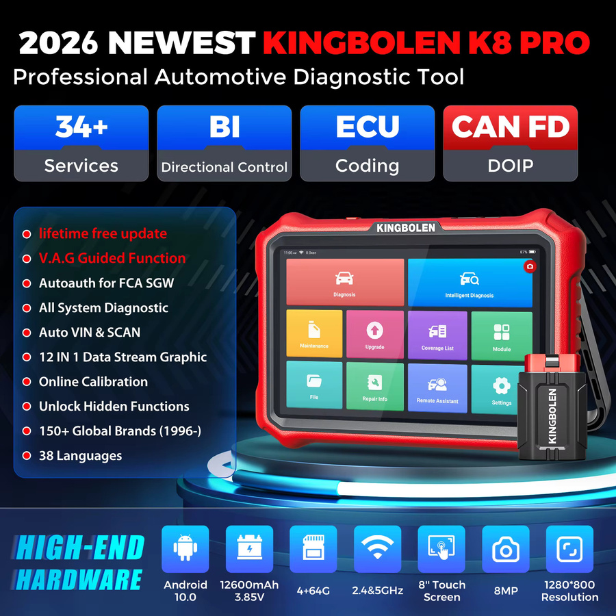 KINGBOLEN K8 Pro 2026 Bidirektionales Bluetooth OBD2 Diagnose-Scan-Tool mit 8 Zoll Display, alle Systeme, 34 Reset-Funktionen und FCA CANFD Unterstützung - Bild 2