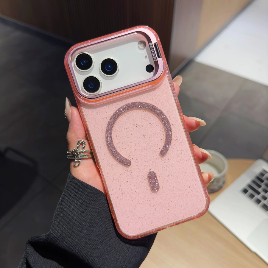 Apple iPhone Schutzhülle mit Glitzer-Magnetständer und MagSafe Unterstützung, transparent pink, stoßfest - Bild 1