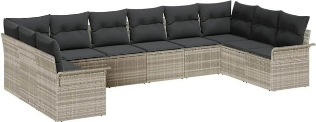vidaXL Garten-Sofa-Set aus Polyrattan in Hellgrau, 10-teilige L-Form Lounge-Garnitur mit Kissen und abnehmbaren Bezügen - Bild 1
