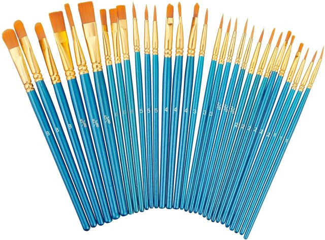 Relaxdays Pinsel Set 30-teilig aus Birkenholz und Aluminium mit Nylonborsten in Blau, Gold und Orange, Höhe: 18,5 cm - Bild 1