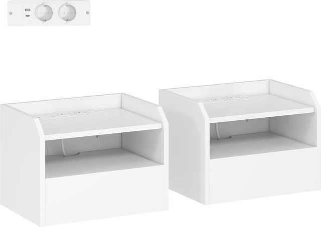 HOMCOM 2er Set schwebende Nachttische mit Ladestation in Weiß, moderne Wandmontage mit Schublade und offenem Fach für Schlafzimmer und Wohnzimmer, B/T/H: 40 x 29 x 29 cm - Bild 1