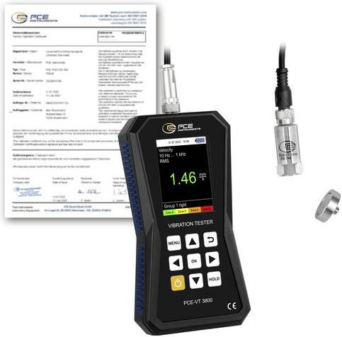 PCE Instruments Vibrationsmesser PCE-VT 3800-ICA in Schwarz mit ISO-Zertifikat, externem Sensor, Speicher und Software zur Spitzenwertmessung - Bild 1