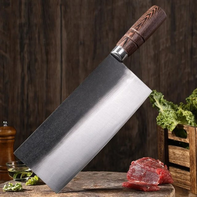 InLeung Chinesisches Kochmesser Cleaver in Silber mit Holzgriff zum Schneiden und Filetieren von Fleisch, Fisch und Gemüse - Bild 1