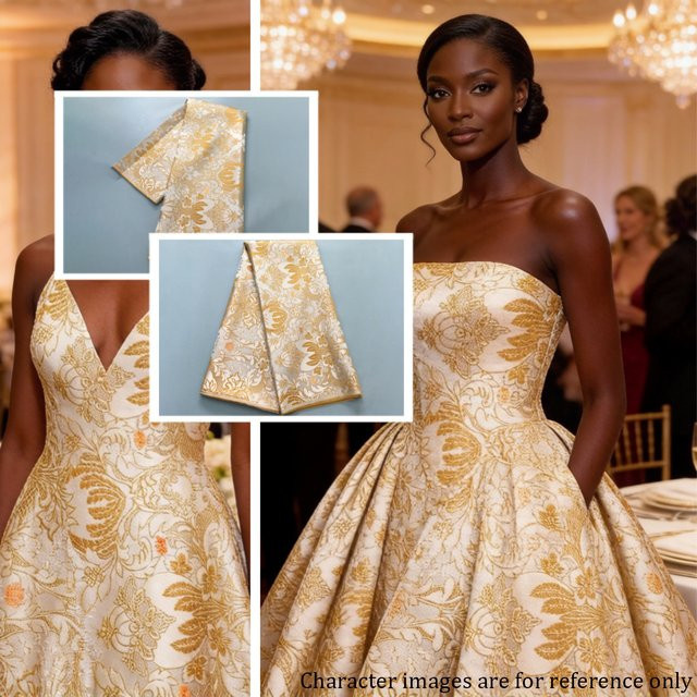 Caleefun Afrikanischer Brokat-Jacquard-Spitzenstoff in Gold auf cremefarbener Elfenbeinbasis für Kleider, Blusen, Brautmode und Dekorationen - Bild 1