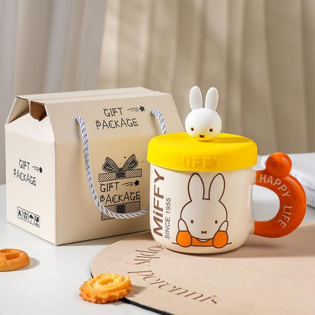 Yiran toy 1 Keramiktasse mit Deckel im Miffy Cartoon Design, 400 ml, in Orange, Grau, Pink oder Weiß