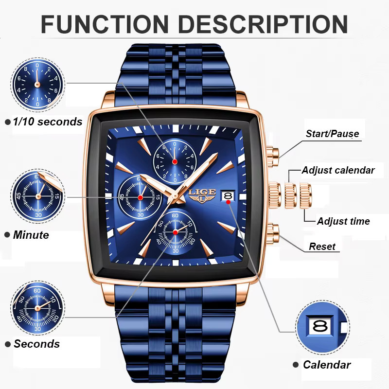 LIGE Armbanduhr Chronograph, Quarz, Edelstahl, Schwarz, Herren - Bild 4