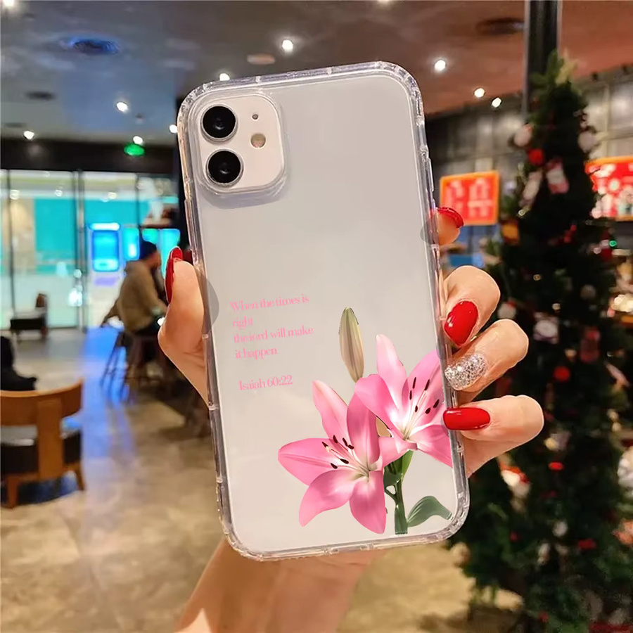 Transparente Silikon-Handyhülle mit rosa Lilien- und Bibelvers-Muster für iPhone 11 bis iPhone 17 Pro Max und weitere Modelle - Bild 2