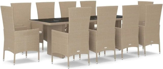 vidaXL 11-teilige Garten-Essgruppe aus Poly-Rattan und Akazienholz in Beige mit Kissen und Glastisch - Bild 1