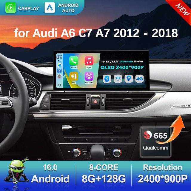 LIARO-NAVI Multimedia-Autoradio mit 12,3 Zoll Display für Audi A6 C7 und A7 (2012 - 2018) mit GPS, Bluetooth, Android 16, Wireless CarPlay und 4G Unterstützung in Schwarz - Bild 1