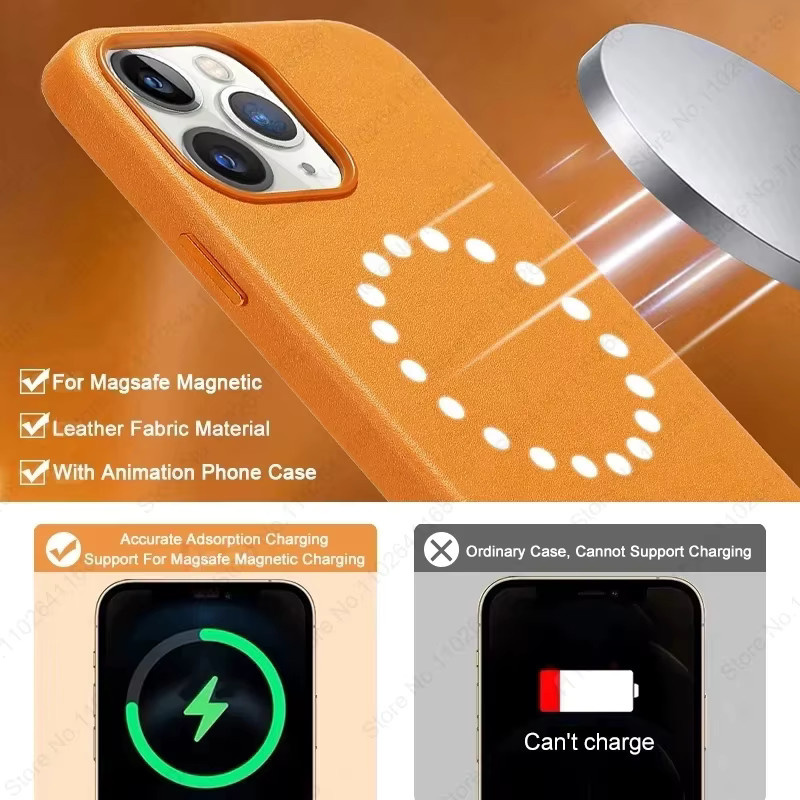FUKABO Animierte Ledertasche für iPhone 16 15 14 13 Pro Max Plus mit MagSafe Magnetischer Kabellose Ladefunktion in Braun und Orange - Bild 3