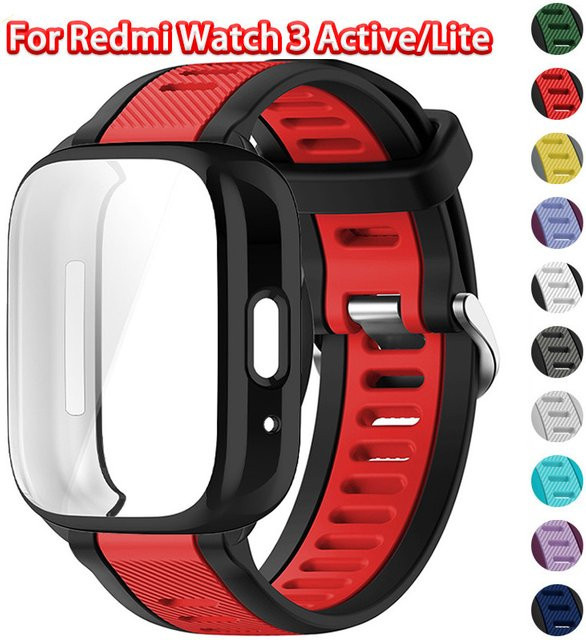 CAOWTAN Schutzhülle und Silikonarmband für Xiaomi Redmi Watch 3 Active/Lite, zweifarbiges Armband in Schwarz-Grün mit Displayschutz - Bild 1