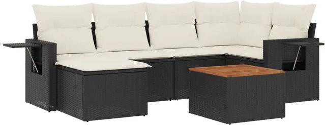 vidaXL 7-teilige Garten-Sofagarnitur aus Poly-Rattan und Akazienholz mit Kissen in Schwarz-Creme - Bild 1