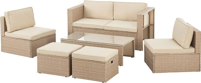 Juskys Polyrattan Gartenmöbel Set Salou Outdoor Lounge für 6 Personen in Beige/Sand mit Kaffeetisch und Polsterkissen - Bild 1