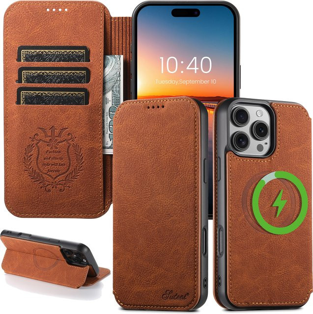 Suteni Flip-Cover Telefonhülle aus Kunstleder mit Kartenhalter und Ständer für iPhone 17 Pro Max 16 Plus 15 14 13 12 in Beige und Braun - Bild 1