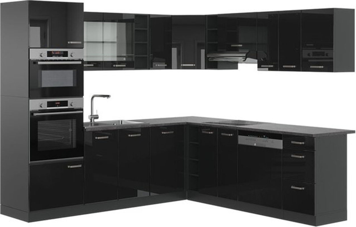 Vicco Eckküche R-Line in Schwarz Hochglanz und Anthrazit, moderne Winkelküche aus Holzwerkstoff, B/T/H: 237 x 247 cm - Bild 1