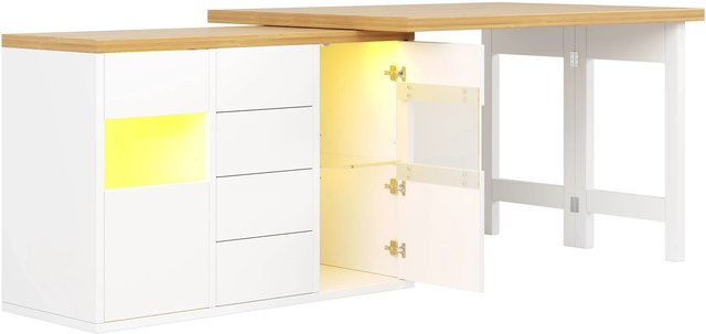 Merax Kücheninsel modern mit 360 Grad Drehung, RGB-LED-Beleuchtung, Glastüren und 4 Schubladen, Weiß/Schwarz, B: 120 cm, T: 40 cm, H: 73,8 cm - Bild 1