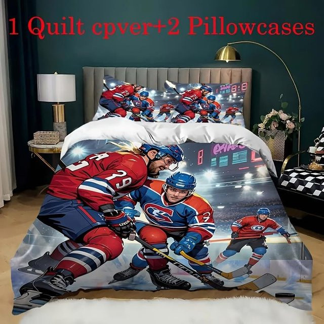 3-teiliges Bettwäsche-Set mit Eishockey-Muster, bestehend aus Bettbezug und Kissenbezügen, Mehrfarbig, B/H: 180 x 210 cm - Bild 1