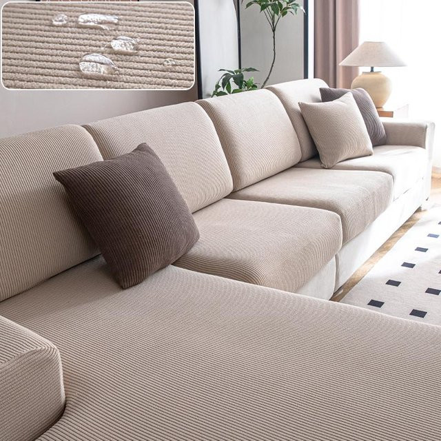 Elastischer Sofabezug in Beige aus Jacquard-Polyester mit Stretch-Funktion, wasserabweisend und rutschfest, passend für 1- bis 4-Sitzer sowie L-förmige Sofas - Bild 1