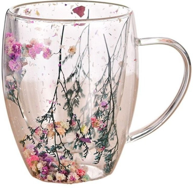 Doppelwandiger Glasbecher mit floralem Design, isoliert und hitzebeständig, Farbe: Weiß/Mehrfarbig - Bild 1