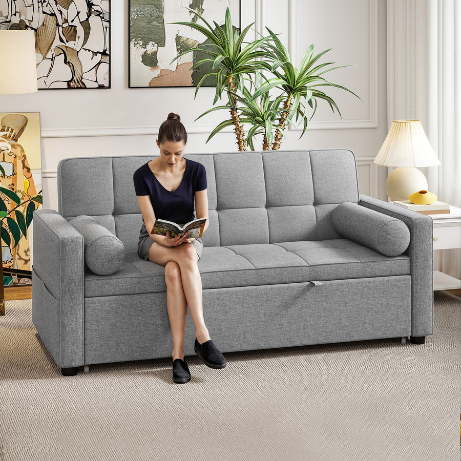 HOMCOM Schlafsofa 2-Sitzer 3-in-1 Schlafcouch mit Doppelbett und 2 Kissen, Leinenstoff, Grau - Bild 2