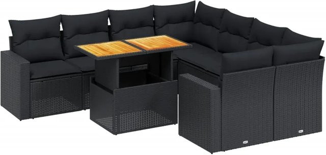 vidaXL 9-teilige Garten-Sofagarnitur in L-Form aus Polyrattan und Akazienholz mit Kissen, Schwarz - Bild 1