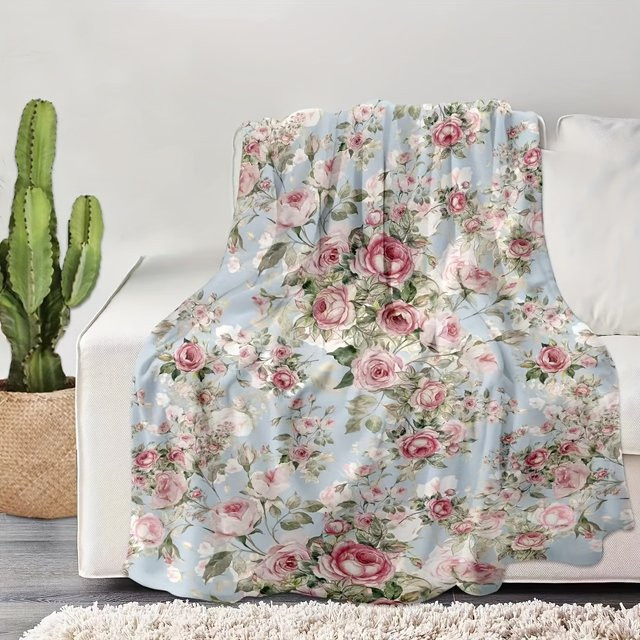 ZZN Flanelldecke mit Rosenblüten- und Vogeldruck als warme Decke und Sofa-Überwurf - Bild 1