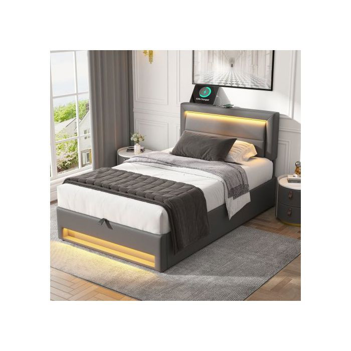 Gepolstertes Bett MUVOE in Grau mit USB-Anschluss, LED-Beleuchtung und Stauraum, B: 90 cm, T: 190 cm - Bild 2