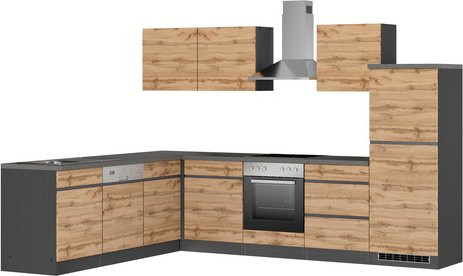 Winkelküche Tampa von HELD MÖBEL in Braun und Grau mit Melaminharz-beschichteter Arbeitsplatte, B: 300 cm, T: 60 cm, H: 200 cm - Bild 1