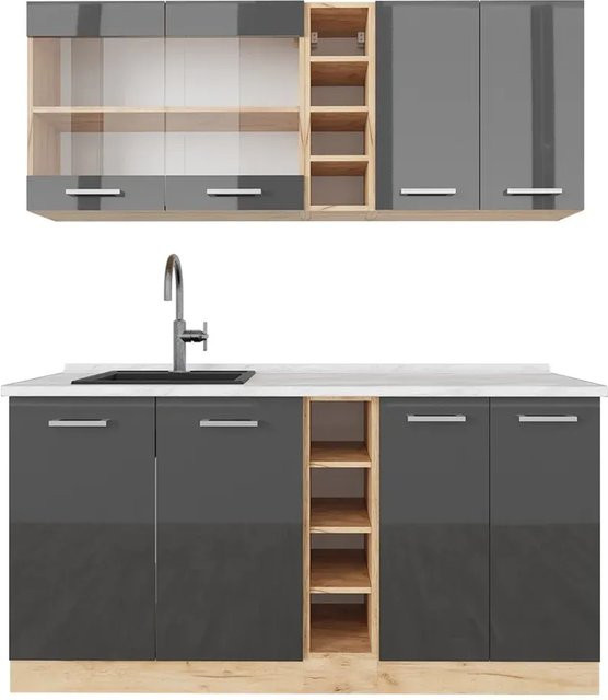 Vicco R-Line Singleküche in Anthrazit Hochglanz und Goldkraft Eiche mit Marmor-Optik, Breite: 160 cm - Bild 1
