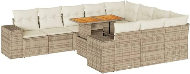 vidaXL 10-tlg. Garten-Sofagarnitur in L-Form aus Polyrattan und Akazie mit Kissen, Beige - Bild 1