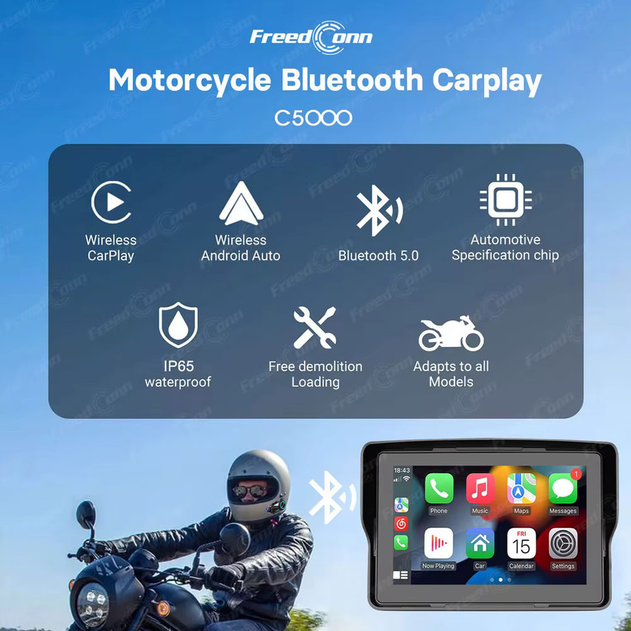 Freedconn C5000 Motorrad Navigation mit 5 Zoll Display, Wireless Android Auto, Apple CarPlay und DVR, Wasserdicht, Schwarz - Bild 2