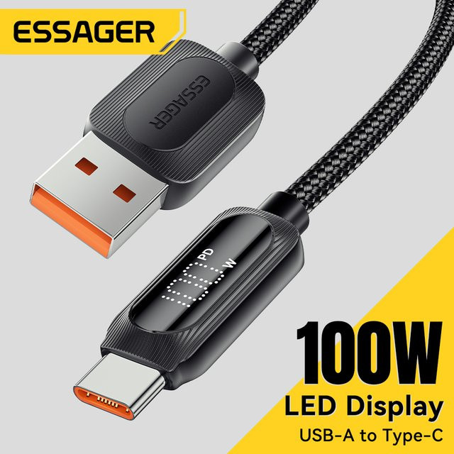 Essager 100W USB-auf-Typ-C-Schnellladekabel mit digitaler Anzeige in Schwarz - Bild 1