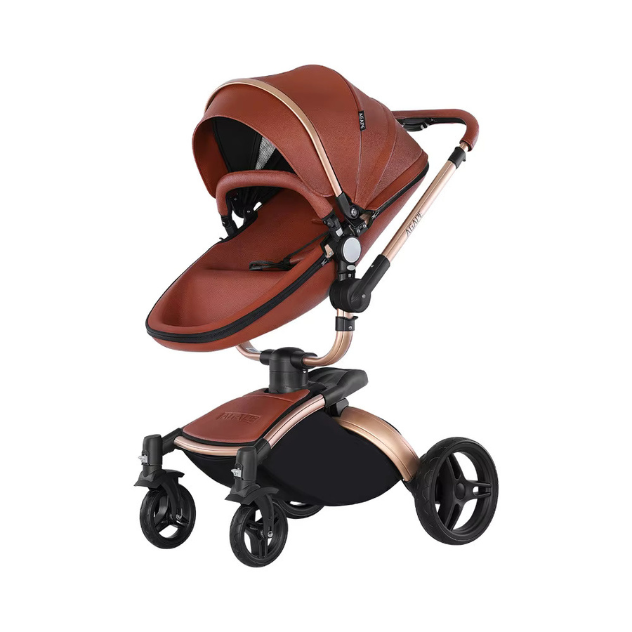 3-in-1 Kinderwagen von Warm House in Braun mit PU-Leder und Babywanne für Neugeborene - Bild 4