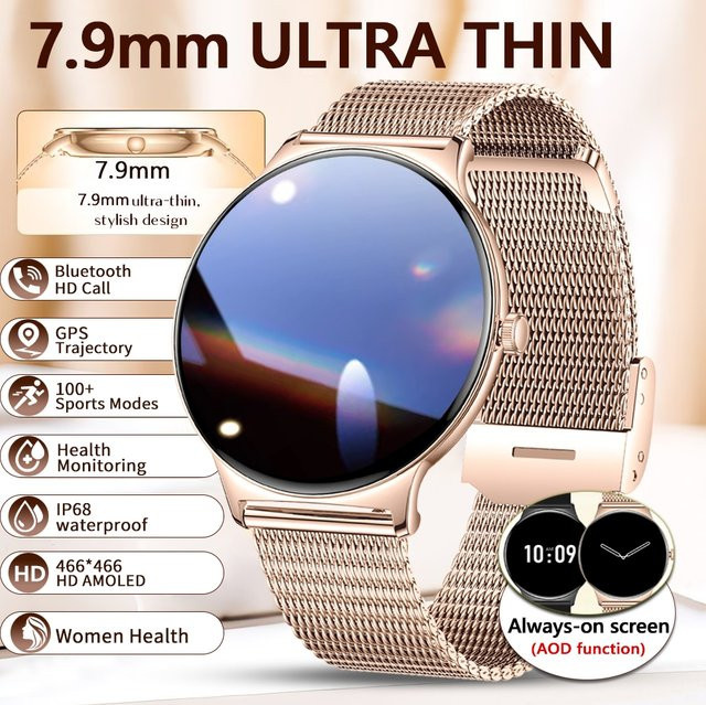 ChiBear Smartwatch für Frauen mit 1,43 Zoll AMOLED-Display, Bluetooth-Anruf und 24-Stunden-Gesundheitsüberwachung, Schwarz - Bild 1
