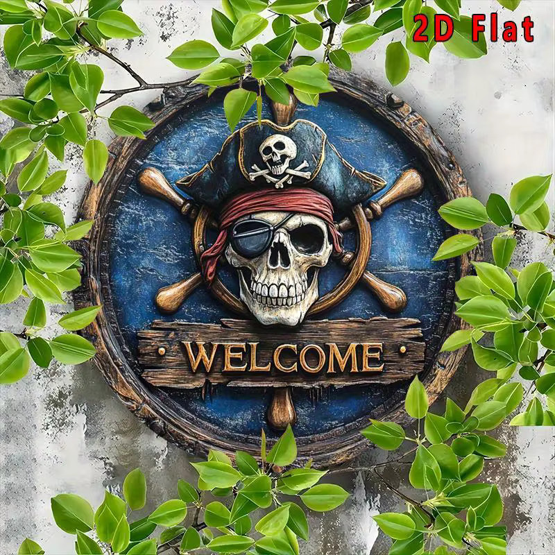 Potdemiel Metallwandkunst Piratenschädel und gekreuzte Knochen rundes Aluminiumschild mit Willkommen Planke, Mehrfarbig, Durchmesser: 20 cm - Bild 3
