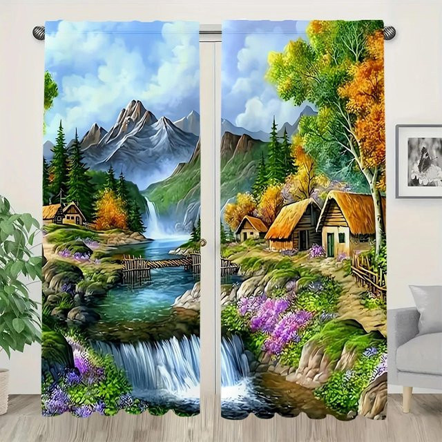 Yiran Furniture Vorhänge mit zeitgenössischem Landschafts-Print, 2er-Set, halbtransparent, Mehrfarbig, Breite: 107 cm, Höhe: 213 cm - Bild 1