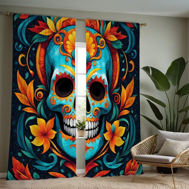 2er-Set MH Vorhang mit mexikanischem Tag der Toten Zucker Schädel Motiv, Blau/Mehrfarbig, B: 132 cm, H: 160 cm - Bild 1