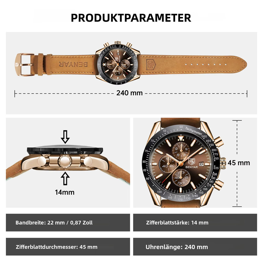 BENYAR Chronograph Armbanduhr Edelstahl, Quarz, Schwarz, Herren - Bild 5