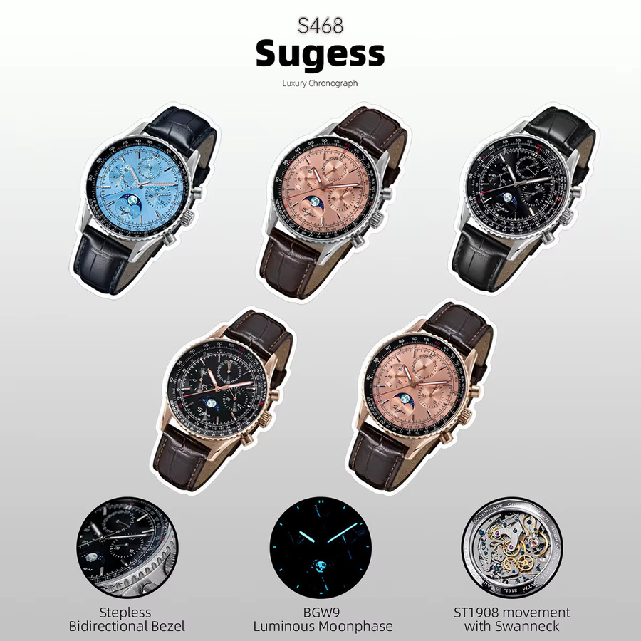 Sugess Chronograph, Automatik, Edelstahl, Blau, Leder, Herren - Bild 2