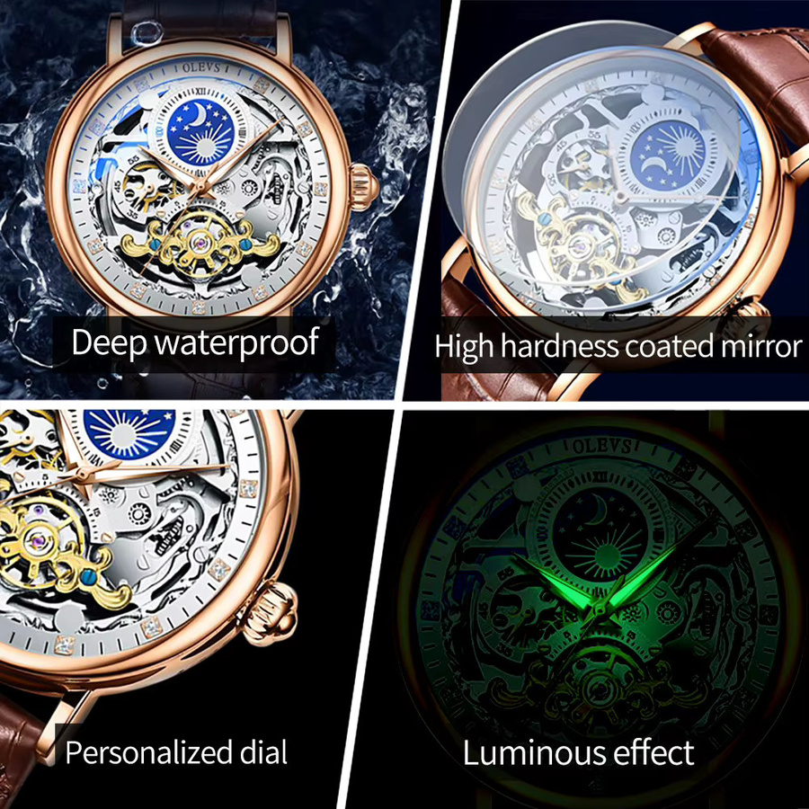 OLEVS Armbanduhr, Automatik, Mondphase, Skelett, Leder, Herren - Bild 3